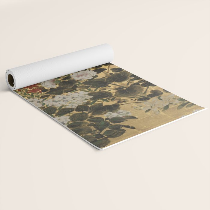 Flowers & Grapes Vintage Japanese Floral Gold Leaf Screen Yoga Mat Gallery Image 2