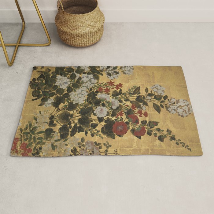 Flowers & Grapes Vintage Japanese Floral Gold Leaf Screen Rug Gallery Image 1