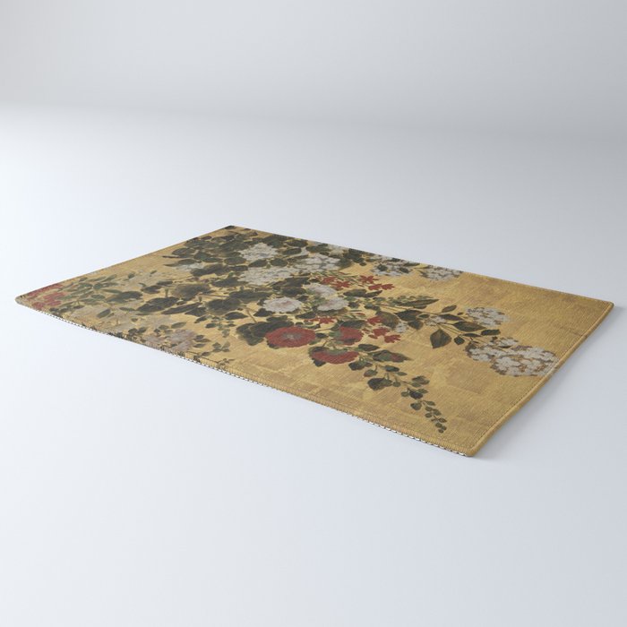 Flowers & Grapes Vintage Japanese Floral Gold Leaf Screen Rug Gallery Image 3