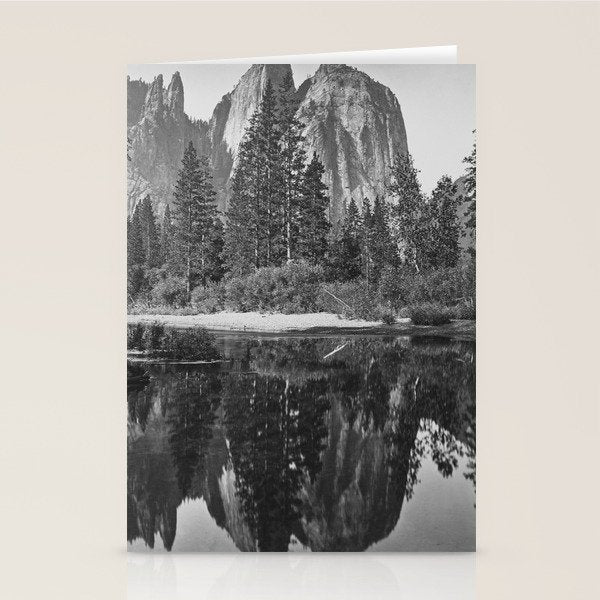 Cathedral Rocks and Reflections, Yosemite black and white photograph by Charles Leander Weed Stationery Card Gallery Image 1