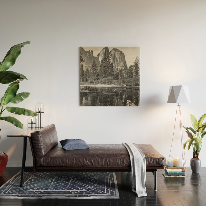 Cathedral Rocks and Reflections, Yosemite black and white photograph by Charles Leander Weed Wood Wall Art Gallery Image 2