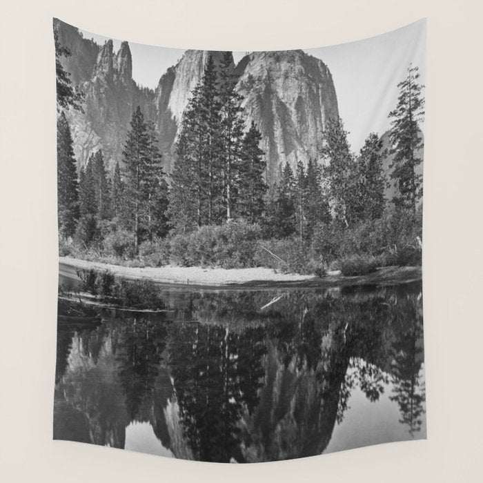 Cathedral Rocks and Reflections, Yosemite black and white photograph by Charles Leander Weed Wall Tapestry Gallery Image 4
