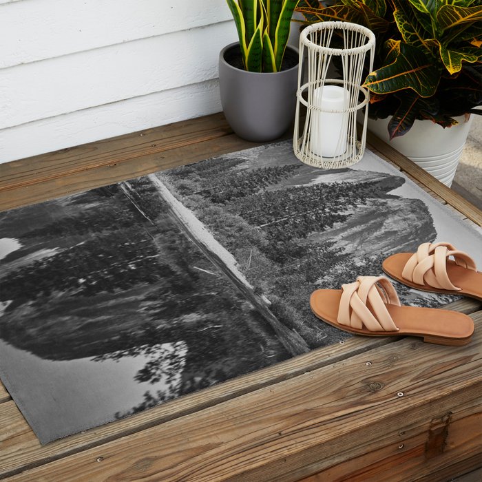 Cathedral Rocks and Reflections, Yosemite black and white photograph by Charles Leander Weed Outdoor Rug Gallery Image 2