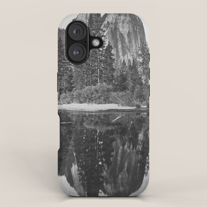 Cathedral Rocks and Reflections, Yosemite black and white photograph by Charles Leander Weed iPhone Case Gallery Image 1