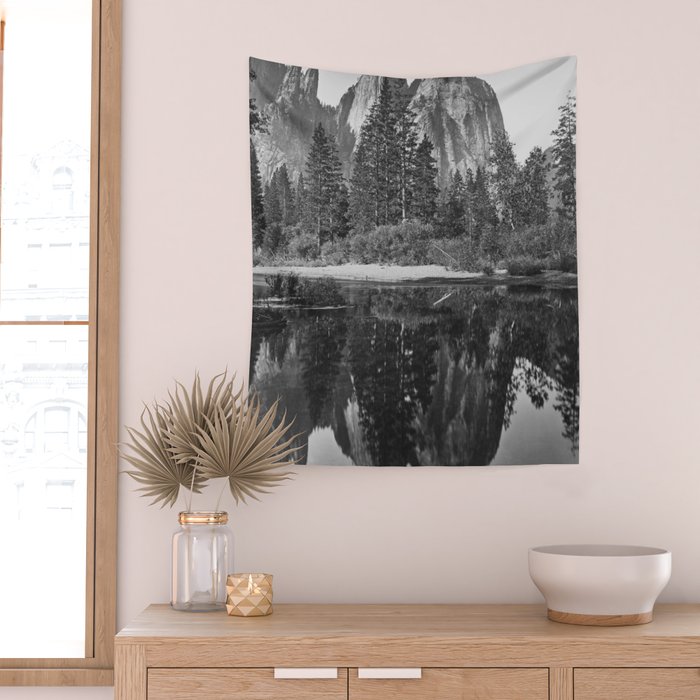 Cathedral Rocks and Reflections, Yosemite black and white photograph by Charles Leander Weed Wall Tapestry Gallery Image 2