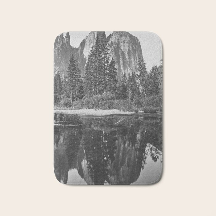 Cathedral Rocks and Reflections, Yosemite black and white photograph by Charles Leander Weed Bath Mat Gallery Image 1