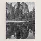 Cathedral Rocks and Reflections, Yosemite black and white photograph by Charles Leander Weed Jigsaw Puzzle Gallery Image 1
