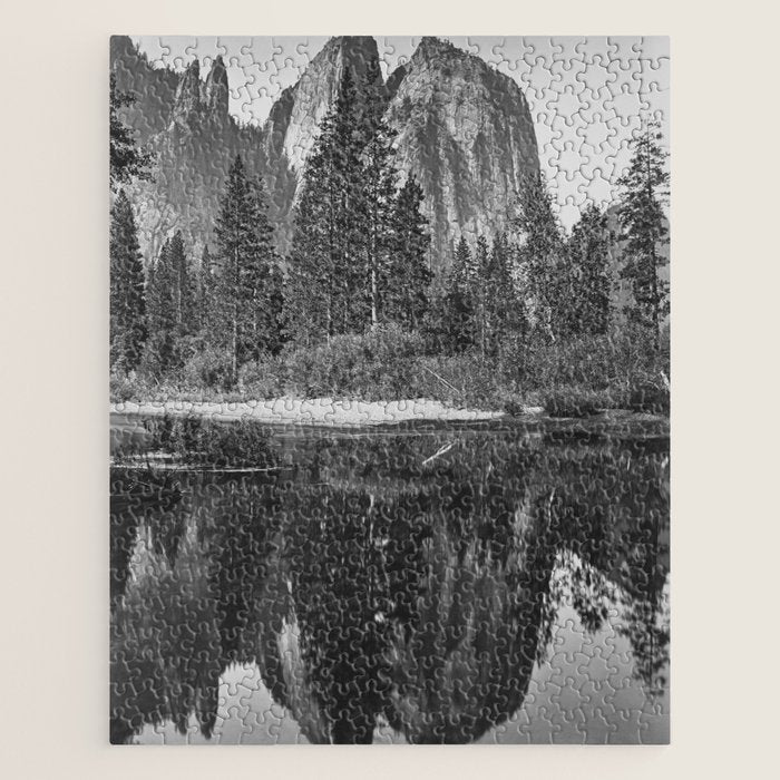 Cathedral Rocks and Reflections, Yosemite black and white photograph by Charles Leander Weed Jigsaw Puzzle Gallery Image 1