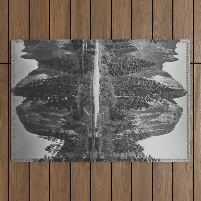Cathedral Rocks and Reflections, Yosemite black and white photograph by Charles Leander Weed Outdoor Rug Gallery Image 1