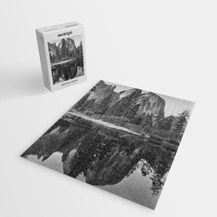 Cathedral Rocks and Reflections, Yosemite black and white photograph by Charles Leander Weed Jigsaw Puzzle Gallery Image 2