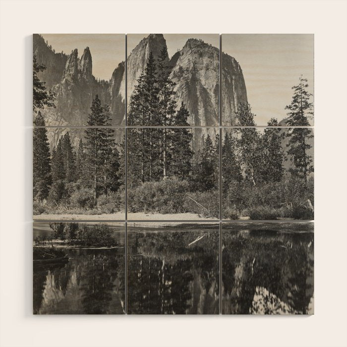 Cathedral Rocks and Reflections, Yosemite black and white photograph by Charles Leander Weed Wood Wall Art Gallery Image 1