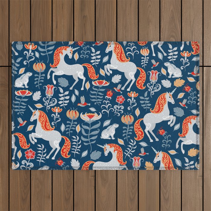 Magical Medieval Unicorn Botanical Outdoor Rug Gallery Image 1