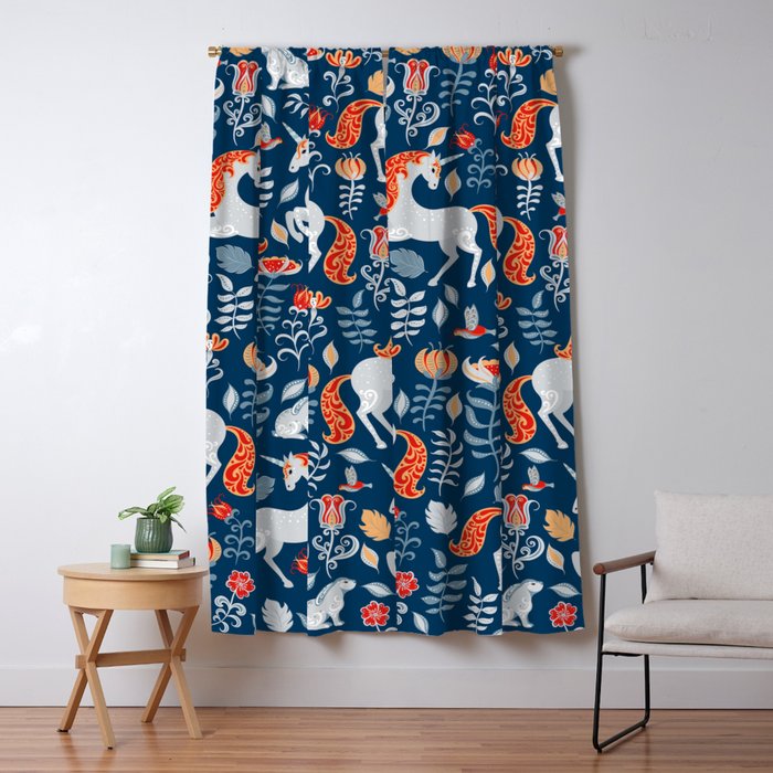 Magical Medieval Unicorn Botanical Window Curtain Gallery Image 5