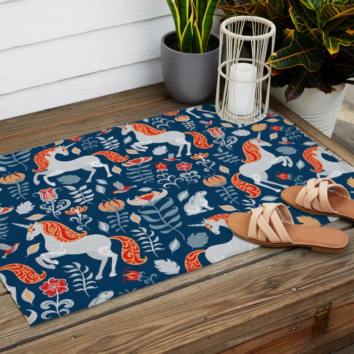 Magical Medieval Unicorn Botanical Outdoor Rug Gallery Image 2