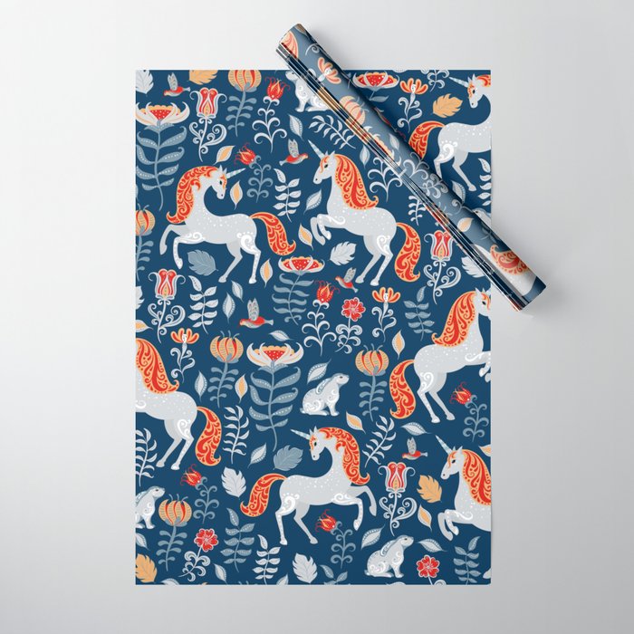 Magical Medieval Unicorn Botanical Wrapping Paper Gallery Image 1
