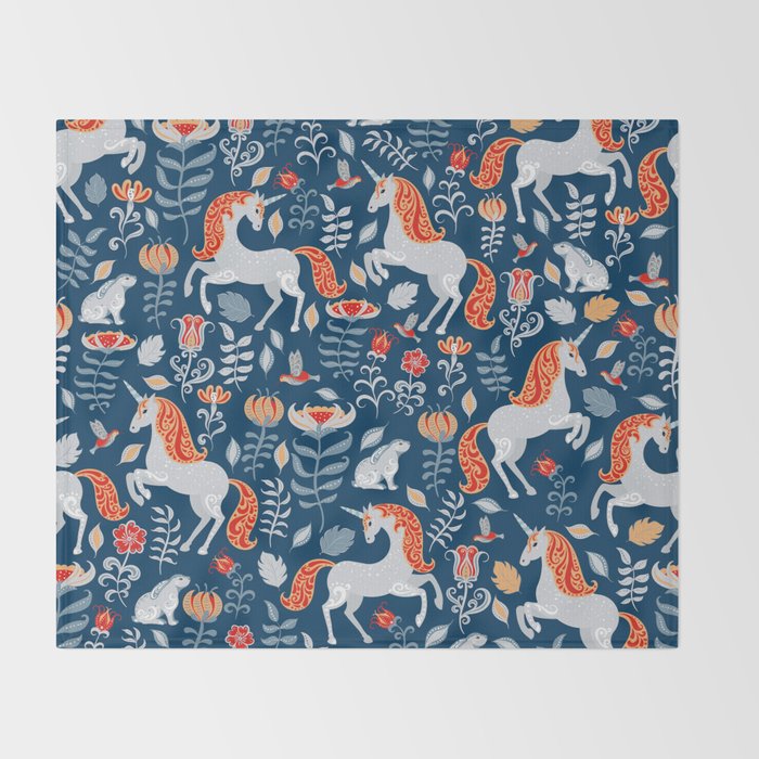 Magical Medieval Unicorn Botanical Throw Blanket Gallery Image 2