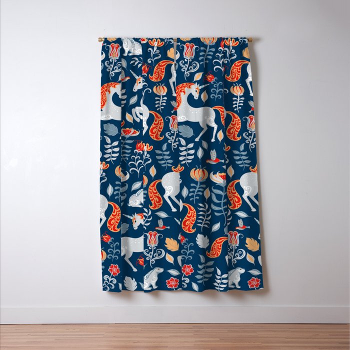 Magical Medieval Unicorn Botanical Window Curtain Gallery Image 3