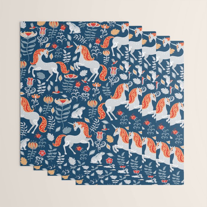 Magical Medieval Unicorn Botanical Wrapping Paper Gallery Image 3