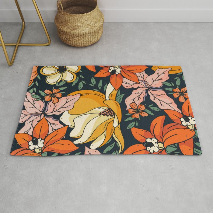 Night Forest, Colorful Dark Eclectic Floral Nature Botanical Jungle Floral Bohemian Illustration Rug Gallery Image 1