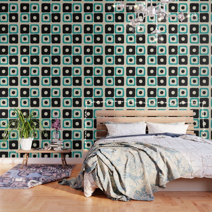 Mid Century Modern Square Dot Pattern 593 Black and Turquoise Wallpaper Gallery Image 1
