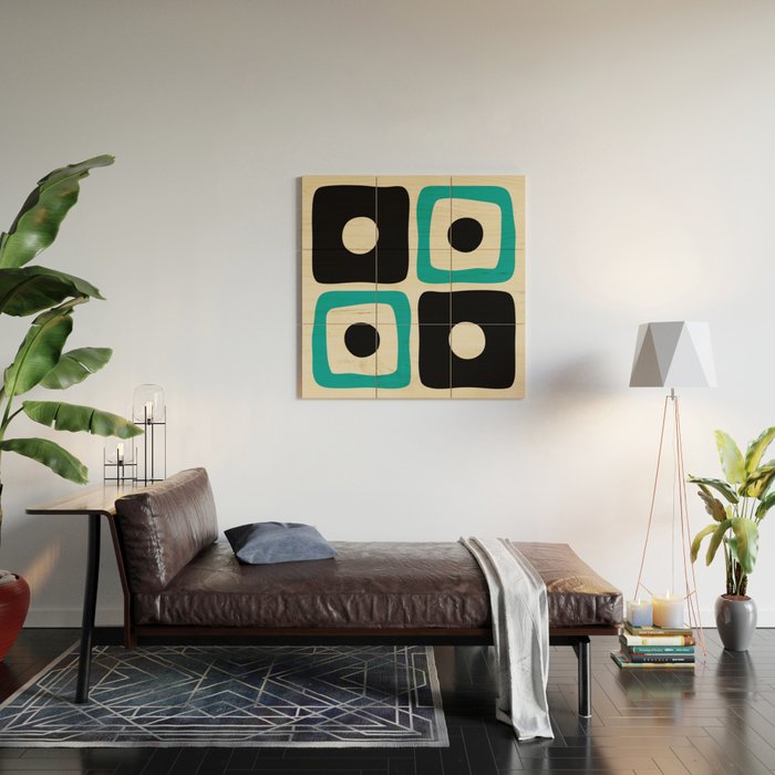Mid Century Modern Square Dot Pattern 593 Black and Turquoise Wood Wall Art Gallery Image 2