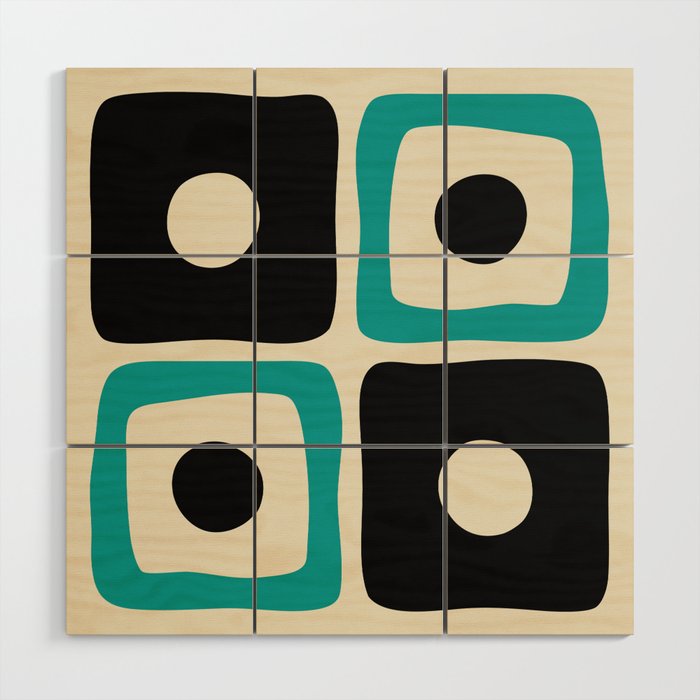 Mid Century Modern Square Dot Pattern 593 Black and Turquoise Wood Wall Art Gallery Image 1