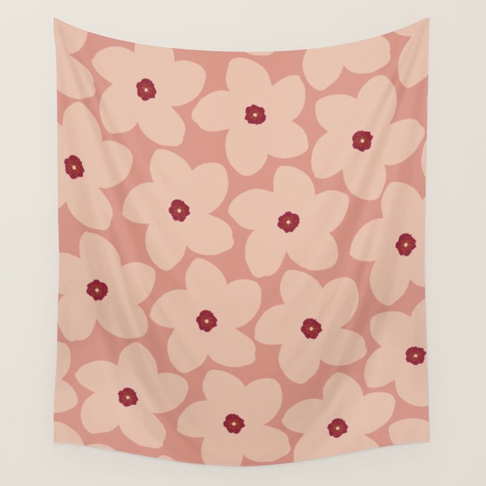 Terracotta Pink Retro Flower Wall Tapestry Gallery Image 4