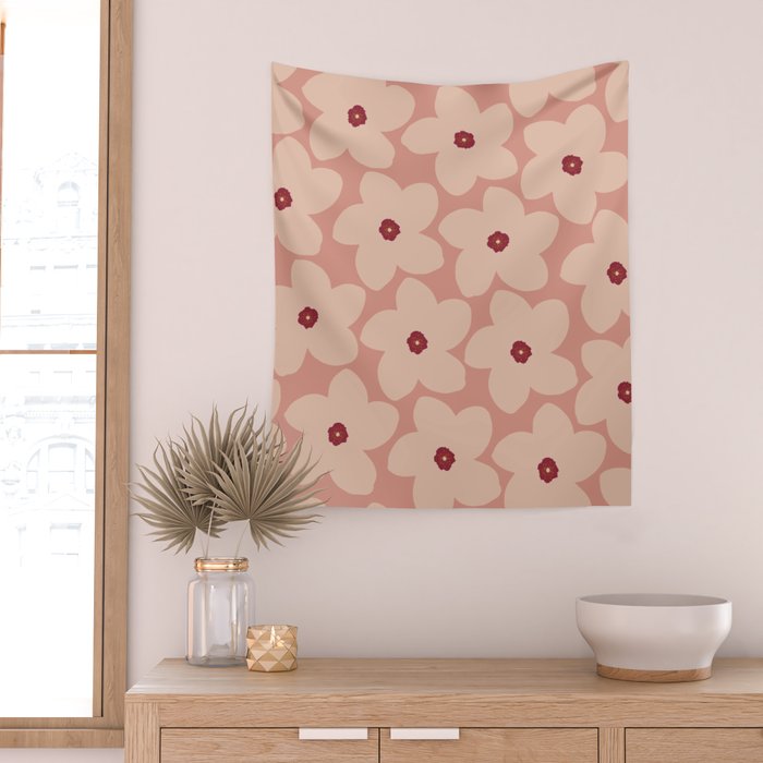 Terracotta Pink Retro Flower Wall Tapestry Gallery Image 2