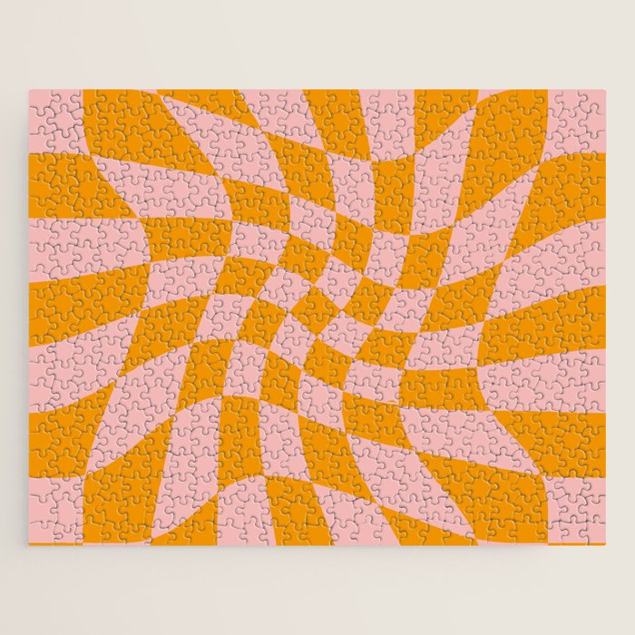 Wavy Check - Orange And Pink - Checkerboard Pattern Print Jigsaw Puzzle Gallery Image 1