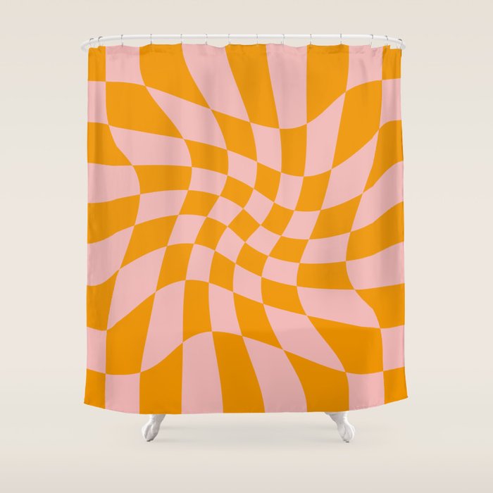 Wavy Check - Orange And Pink - Checkerboard Pattern Print Shower Curtain Gallery Image 1