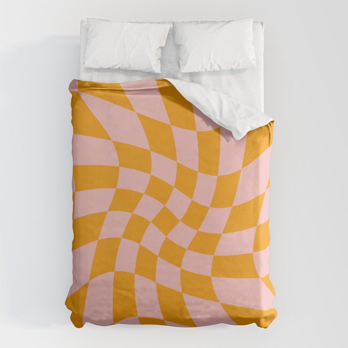Wavy Check - Orange And Pink - Checkerboard Pattern Print Duvet Cover Gallery Image 1