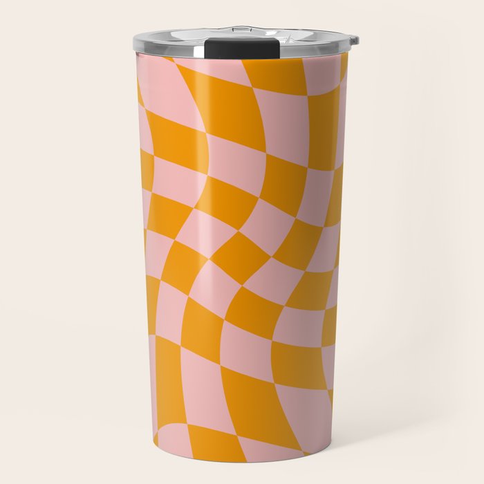 Wavy Check - Orange And Pink - Checkerboard Pattern Print Travel Mug Gallery Image 1