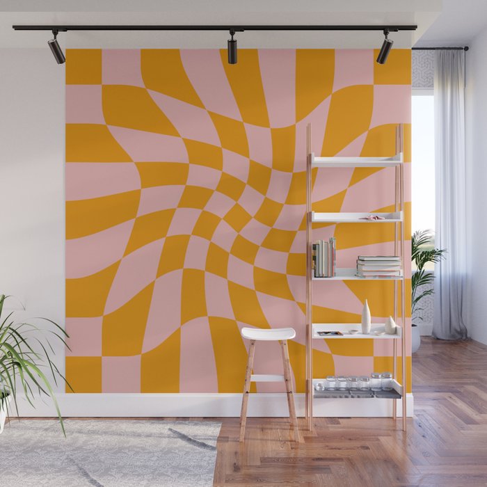 Wavy Check - Orange And Pink - Checkerboard Pattern Print Wall Mural Gallery Image 1