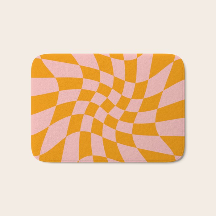 Wavy Check - Orange And Pink - Checkerboard Pattern Print Bath Mat Gallery Image 1