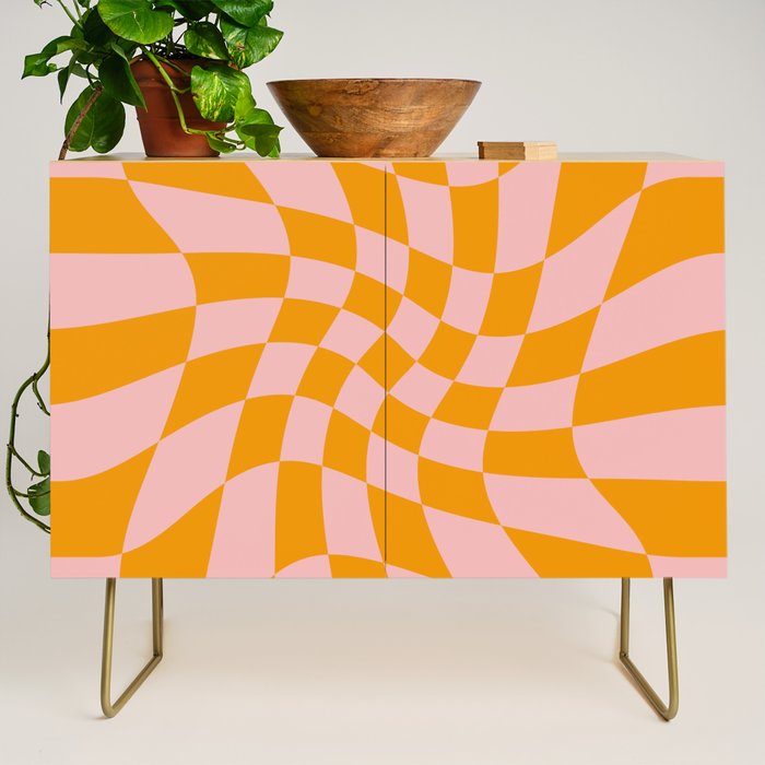 Wavy Check - Orange And Pink - Checkerboard Pattern Print Credenza Gallery Image 1