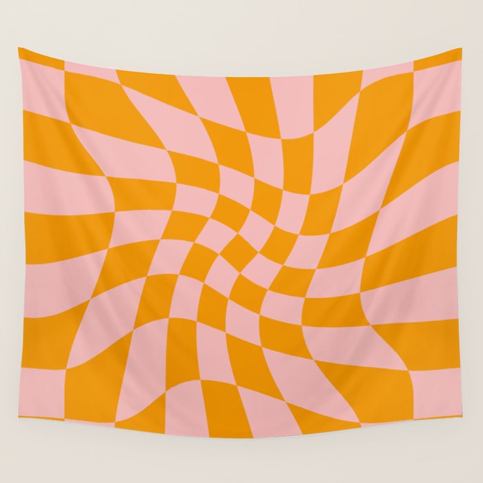Wavy Check - Orange And Pink - Checkerboard Pattern Print Wall Tapestry Gallery Image 1