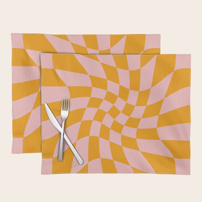 Wavy Check - Orange And Pink - Checkerboard Pattern Print Placemat Gallery Image 1