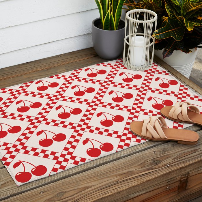 Red Cherries & Beige Checker Outdoor Rug Gallery Image 2