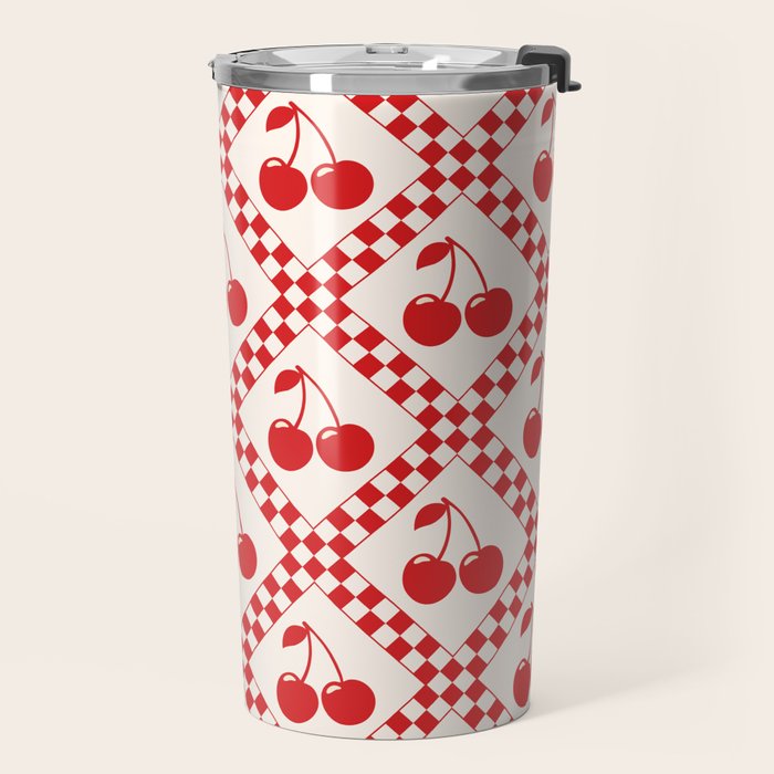 Red Cherries & Beige Checker Travel Mug Gallery Image 2