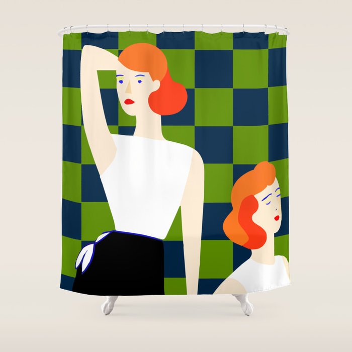 Moods, Checkers Girl Friends Chic Chess, Modern Bohemian Eclectic Woman Girl Boss, BFF Fashion Style Shower Curtain Gallery Image 1
