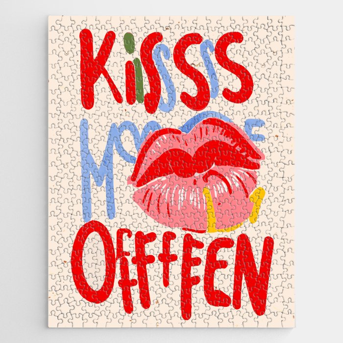 Kiss More Often, Typography Quote Saying Fun Words, Eclectic Bohemian Contemporary Passion Love, Make Out Illustration Painting  Jigsaw Puzzle Gallery Image 1