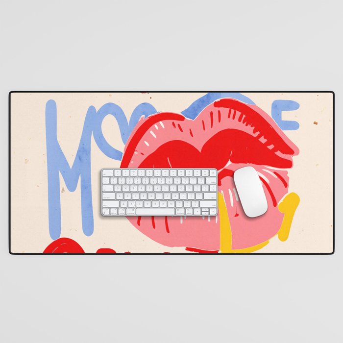 Kiss More Often, Typography Quote Saying Fun Words, Eclectic Bohemian Contemporary Passion Love, Make Out Illustration Painting  Desk Mat Gallery Image 1