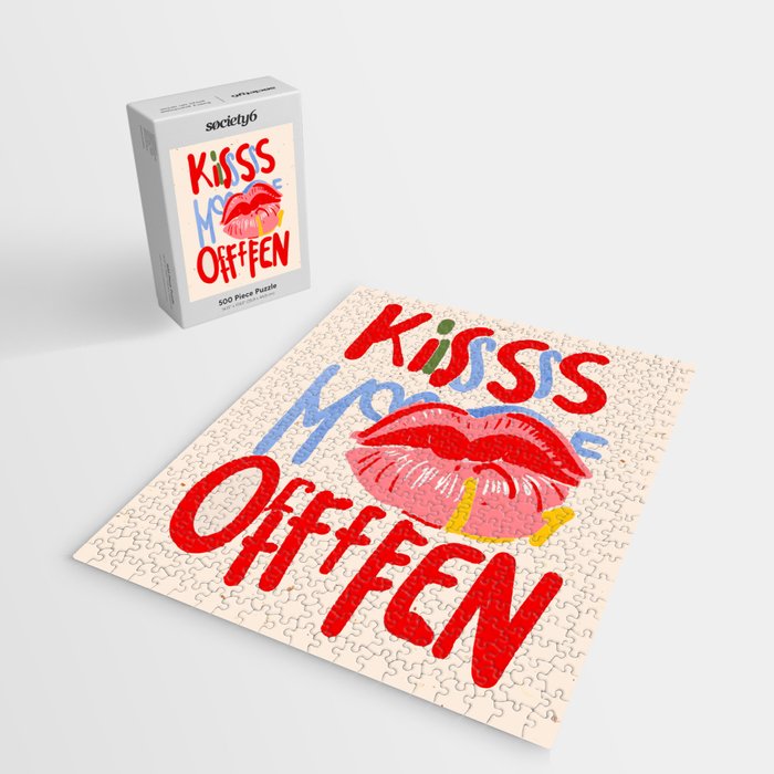 Kiss More Often, Typography Quote Saying Fun Words, Eclectic Bohemian Contemporary Passion Love, Make Out Illustration Painting  Jigsaw Puzzle Gallery Image 2