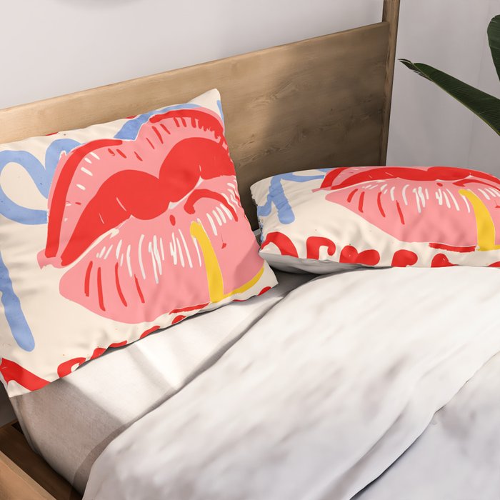 Kiss More Often, Typography Quote Saying Fun Words, Eclectic Bohemian Contemporary Passion Love, Make Out Illustration Painting  Pillow Sham Gallery Image 2
