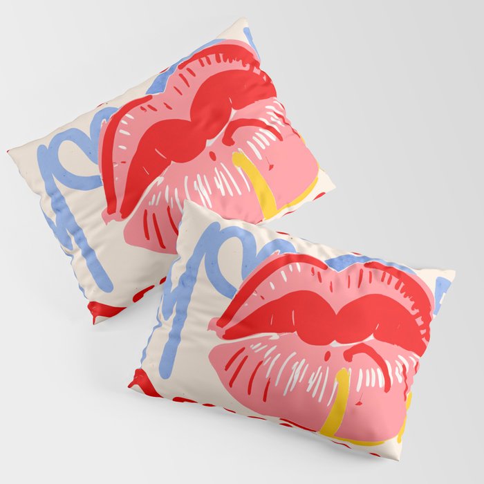 Kiss More Often, Typography Quote Saying Fun Words, Eclectic Bohemian Contemporary Passion Love, Make Out Illustration Painting  Pillow Sham Gallery Image 1