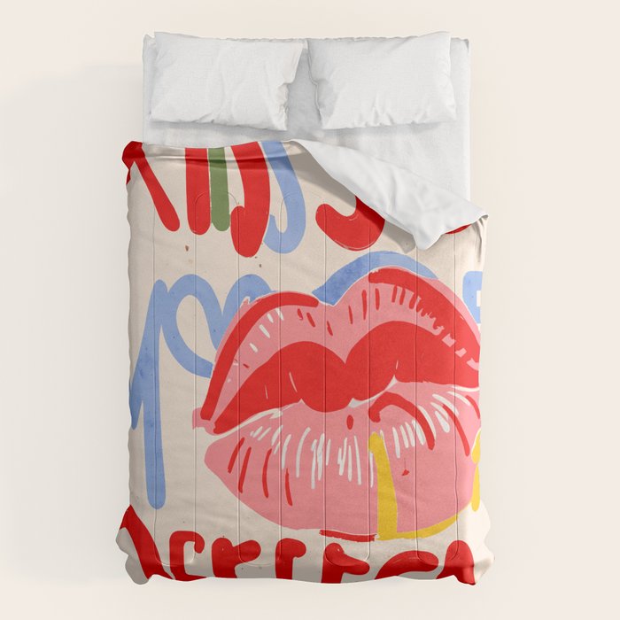 Kiss More Often, Typography Quote Saying Fun Words, Eclectic Bohemian Contemporary Passion Love, Make Out Illustration Painting  Comforter Gallery Image 1