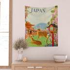 Vintage Mid Century Modern Japan Travel Poster Deer Red Pagoda Wisteria Garden Wall Tapestry Gallery Image 2