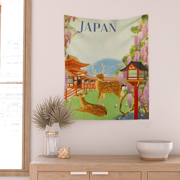 Vintage Mid Century Modern Japan Travel Poster Deer Red Pagoda Wisteria Garden Wall Tapestry Gallery Image 2