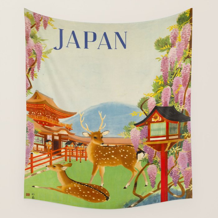 Vintage Mid Century Modern Japan Travel Poster Deer Red Pagoda Wisteria Garden Wall Tapestry Gallery Image 4