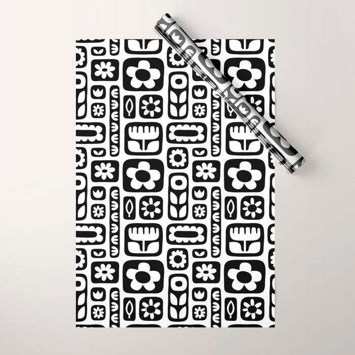 Vintage black and white floral art pattern Wrapping Paper Gallery Image 1